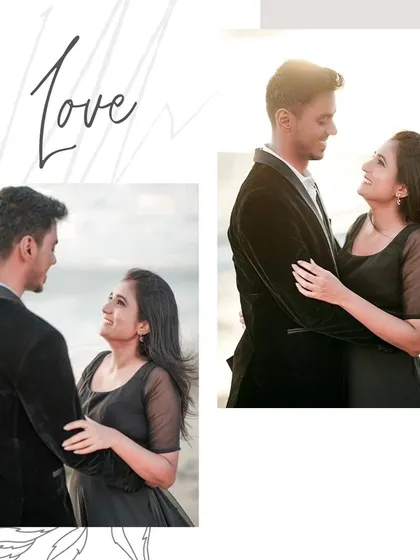 A collage of loving glances and happy smiles, capturing the easy chemistry between the couple during their pre-wedding session in Kerala.