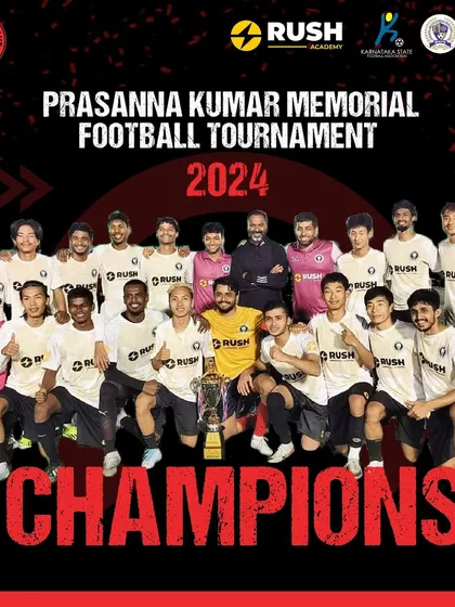 We are the champions. This graphic celebrates our team's unbeaten victory in the Prasanna Kumar Memorial Tournament 2024. An incredible run with 13 goals scored and only 2 conceded shows the quality and determination of our club.