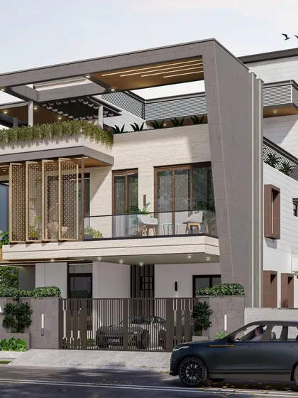 This view showcases the home's west-facing orientation and the integration of large glass windows to maximize natural light. It's a masterclass in bioclimatic design and modern residential planning.