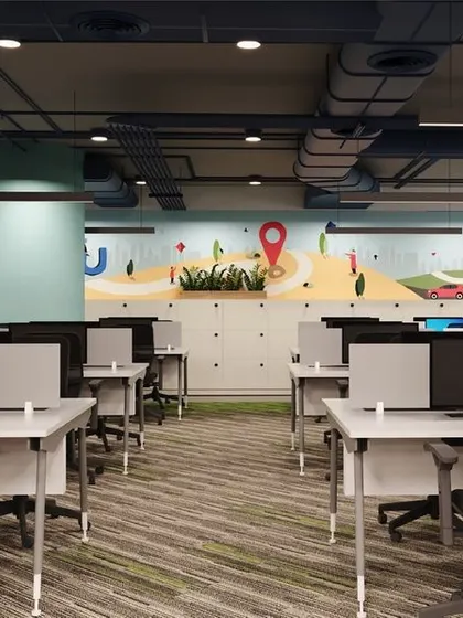 Another angle of our 3D render, detailing the workstation layout, lighting plan, and the custom wall graphic that adds local character to the corporate environment.