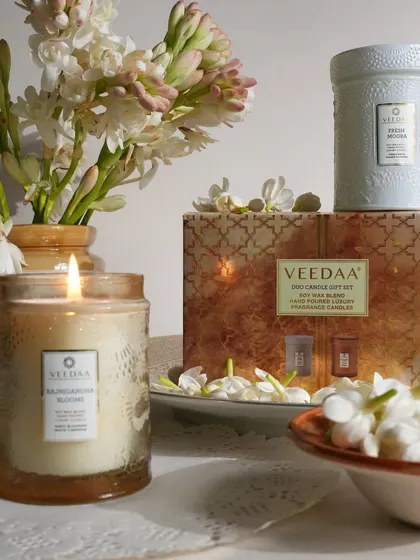 A duo of our favorite floral scents, Rajnigandha Blooms and Fresh Mogra. This gift set features two of our hand-poured soy wax blend candles, each in a beautifully designed jar, ready to fill your home with the fragrance of fresh flowers.