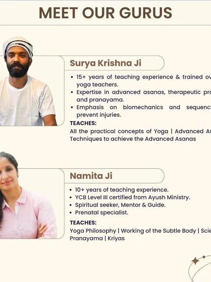 Meet our founding gurus, Surya Krishna Ji and Namita Ji. This graphic details their extensive experience and the core subjects they teach in our advanced TTC program.