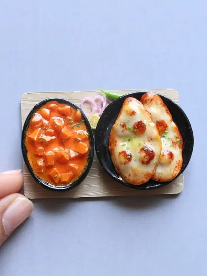 A miniature of naan and paneer butter masala, a classic North Indian combination.