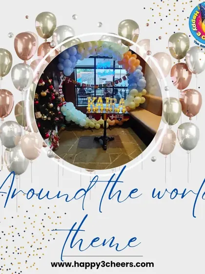 This is another look at the "Around the World" party theme, showing the festive and colorful balloon and table setup that I can customize for your event.