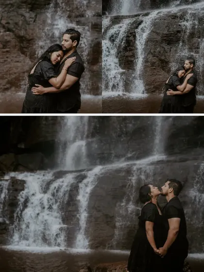 A collage of romantic moments from the couple's pre-wedding shoot by a waterfall, dressed in black.