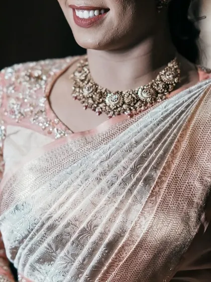 A detail shot of the neckline and the perfectly pleated saree, highlighting the craftsmanship of the entire outfit.