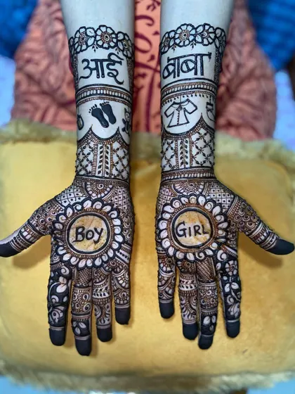 A playful 'Boy or Girl?' themed design for a gender reveal or baby shower. The hands feature floral mandalas with the text, alongside baby footprints and clothes motifs on the arms.