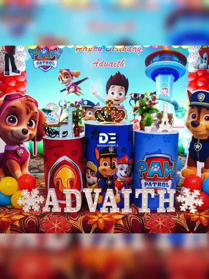 A closer look at the Paw Patrol setup, highlighting the character cutouts and the themed pedestals.