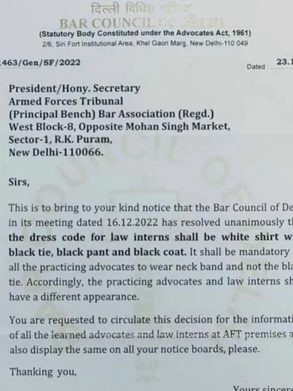 The Bar Council of Delhi has specified the dress code for law interns to ensure a different appearance from practicing advocates. Interns are required to wear a white shirt, black pants, and a black tie, distinguishing them from advocates who wear a neckband.