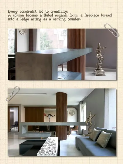 In this renovation project, we transformed a structural column into a fluted, organic form that incorporates a serving counter. This demonstrates our approach of turning constraints into creative architectural solutions.