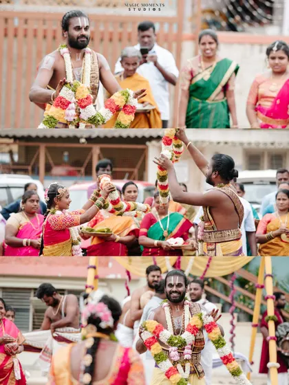 A collage capturing the lively and joyful moments of the wedding procession, including the exchange of garlands.