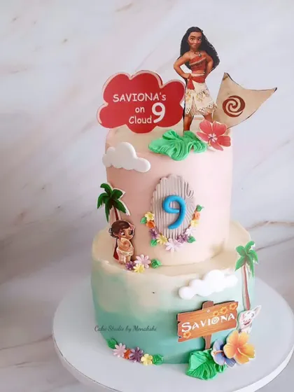 A stunning two-tier Moana themed cake, created with very minimal use of fondant. I loved adding the tropical flowers, palm trees, and characters to capture the adventurous spirit of the movie.