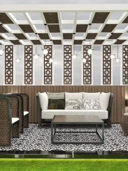 A proposed design for a contemporary pergola with a unique patterned ceiling and intricate jaali-work panels.