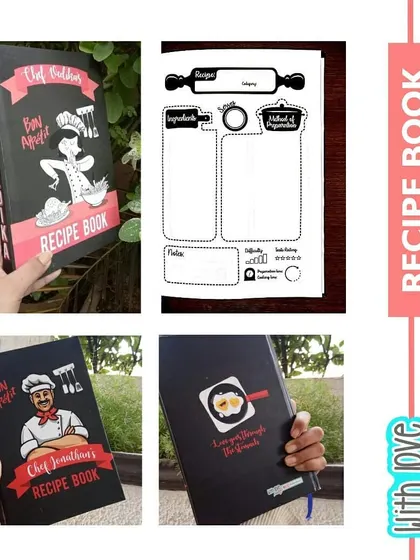 A collage showing the full range of my custom recipe books. It highlights the personalized covers for both men and women, the detailed interior pages, and the unique back cover art.