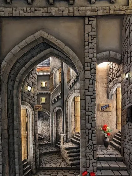 This 3D painting of a European-style street is filled with charming details, from the flower-filled vases to the warm glow of the street lamps. It's a romantic and inviting piece that adds a story to any wall.