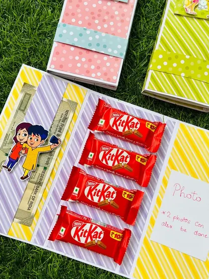 A creative Rakhi gift card that holds cash and chocolates. It can be personalized with photos and comes in various colorful designs.