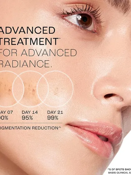 A result-driven visual for a Lakmé advanced radiance treatment. This shot effectively shows a timeline of pigmentation reduction over 21 days with graphic overlays, providing clinical-style proof of the product's effectiveness.
