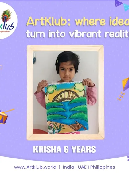 Krisha, age 6, turns her ideas into a vibrant reality with this beautiful drawing of a waterfall landscape.