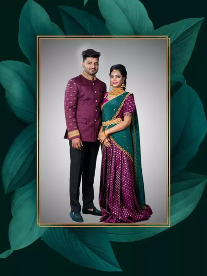 A coordinated couple set featuring a purple and green half saree for her and a matching maroon Jodhpuri for him.
