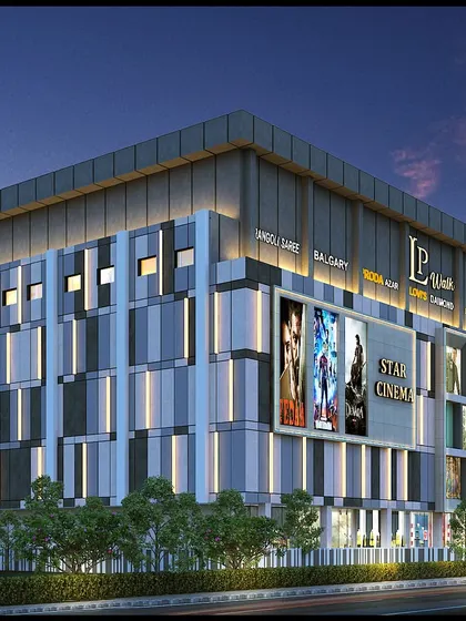 A render of the LP Walk Mall with a dynamic, patterned facade lighting scheme.