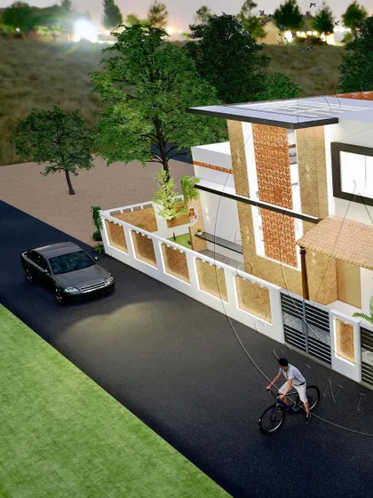 A render from the Ilkal project, which blends modern sophistication with the spirit of local craftsmanship. This view highlights the dynamic composition of the facade, using texture and form to create visual interest.