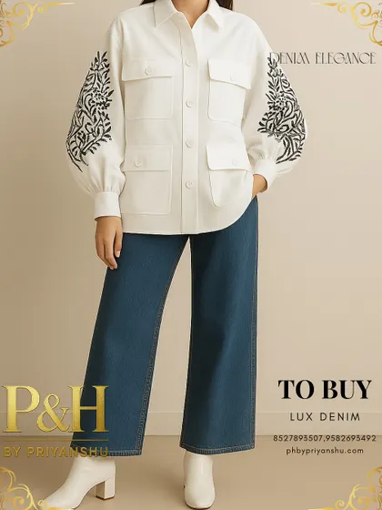 A versatile and chic ensemble. This oversized white denim utility shirt, featuring bold black floral embroidery on the sleeves, is paired with classic blue wide-leg jeans.