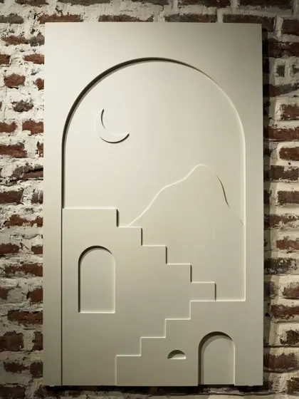 A close-up of one of the 'Ashta Prahar' wall murals. The design uses simple geometric shapes, arches, and stairs to evoke a sense of place and time.