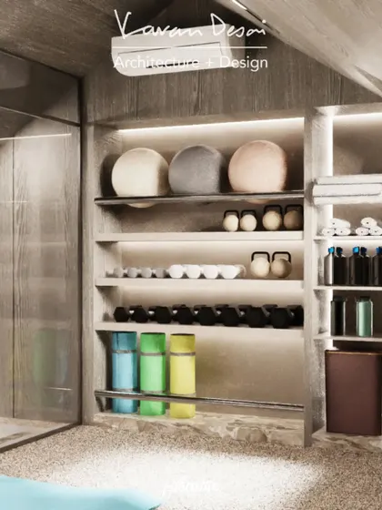 The custom-designed storage unit in the attic gym. Every piece of equipment, from yoga balls to dumbbells, has its own dedicated spot, keeping the space clean and clutter-free.