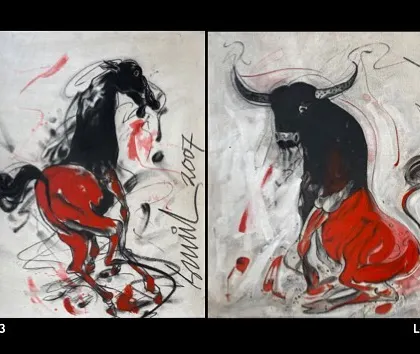 This image showcases two powerful works by Sunil Das, a 'Bucking Horse' and a 'Bull', featured as separate lots in an 'Auction of the Week'. I often group works by the same artist to highlight their signature themes.
