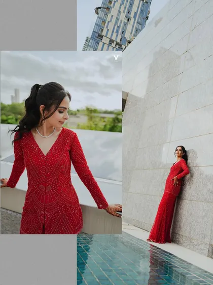A collage showcasing the bride in a stunning red outfit, with portraits set against a modern architectural backdrop and by a pool, highlighting a contemporary bridal look.