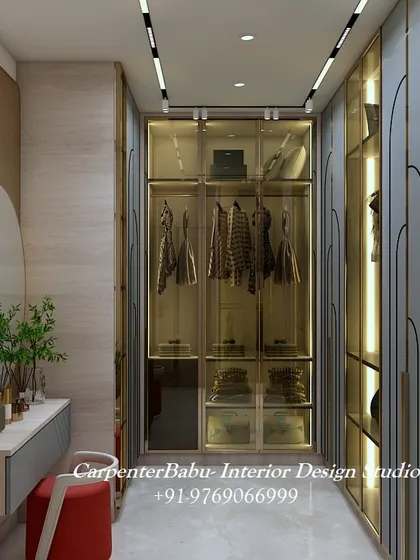 The dressing area within the walk-in closet, featuring a large round mirror and a sleek console table. It's a perfect space to get ready in style.