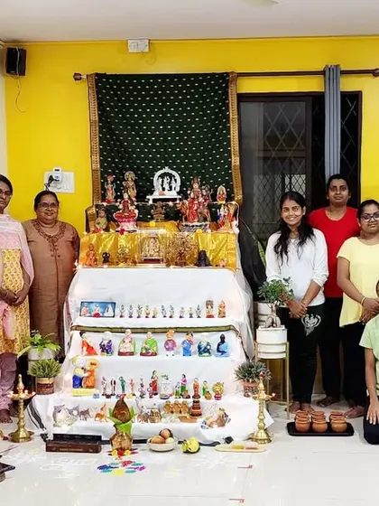 Our community celebrating Navaratri at the studio. This photo shows our members gathered around a traditional display, marking the festival with togetherness and devotion.