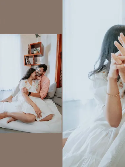 A duplicate of a creative split-image, emphasizing the theme of connection and intimacy in their pre-wedding story.
