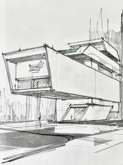 A sketch of a building with a large, cantilevered volume, exploring the idea of suspension.