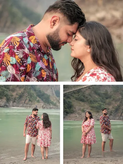 A collage of intimate moments by the river, including a close-up of a tender embrace.