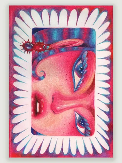 A close-up of the surreal framed portrait from the sketchbook.