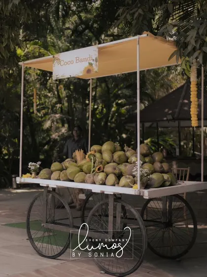 A "Coco Bandi" (coconut cart) at a sunflower-themed Haldi, providing a refreshing treat for guests.