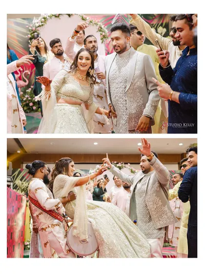The couple makes a grand entrance at their Mehendi, with dhol players and friends creating a high-energy atmosphere.
