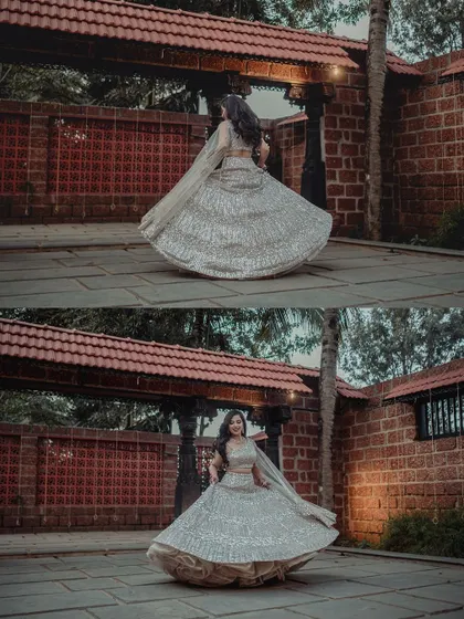 A collage of the bride twirling in her reception lehenga, capturing the grace and movement of the outfit.