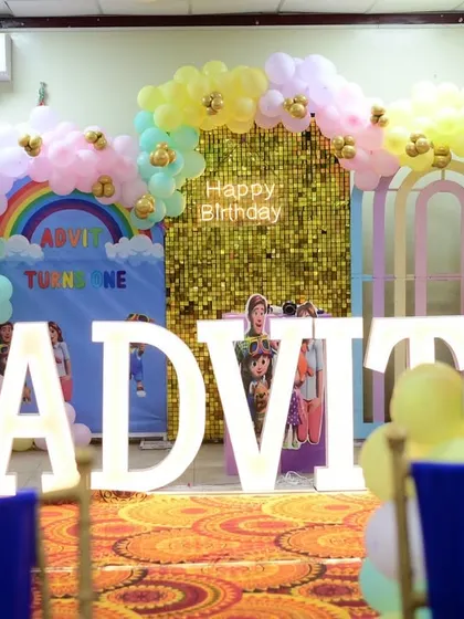 A shot from the guest's perspective, showing the beautifully decorated stage ready for celebration.