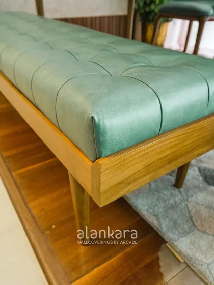 Additional views of our custom benches and stools, highlighting the tufted leather details and the solid teak wood construction from various angles.
