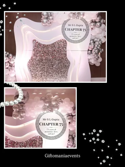 Another perspective of the custom-designed backdrop, showing how the silver balloon clusters integrate with the layered panels. This highlights the careful planning of every visual component for a cohesive look.