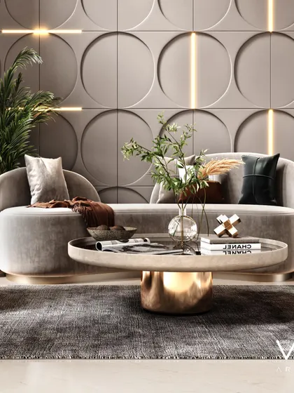 A close-up render focusing on the textures and details of the living room furniture and decor. Notice the soft fabric of the sofa, the polished metal base of the coffee table, and the realistic plant life.