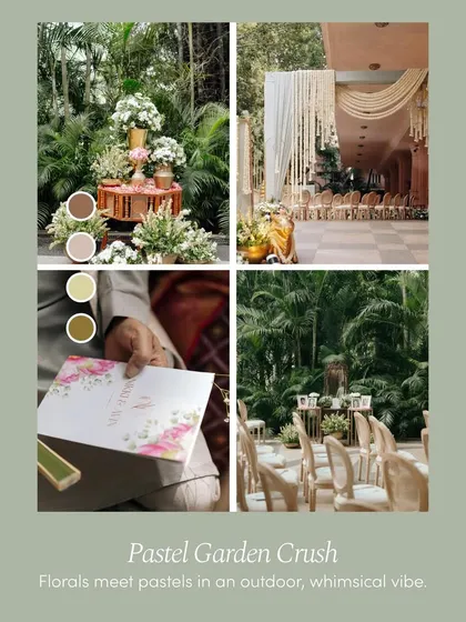 A 'Pastel Garden Crush' color palette mood board. This visual guide shows how florals and pastels can come together for a whimsical and romantic outdoor wedding vibe.