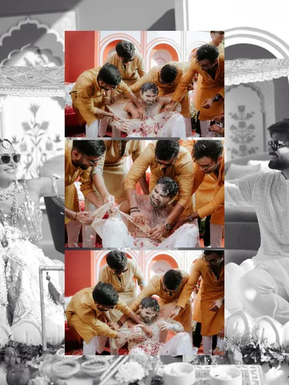 A black and white collage capturing the fun and messy traditions of the groom's Haldi, surrounded by his friends and family.