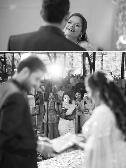A black and white collage capturing the raw emotion of an engagement ceremony. The top frame shows the bride's loving gaze, while the bottom shows the guests capturing the moment.