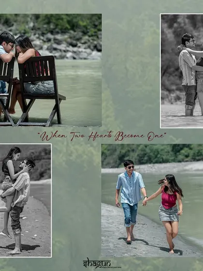 A beautiful collage showcasing the different moods of a riverside shoot. It includes playful lifts, thoughtful moments, and romantic walks, some captured in timeless black and white.