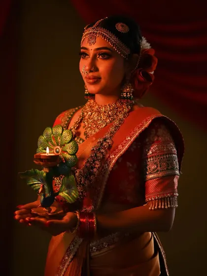 A beautiful profile shot showing the intricate details of the jewelry and the elegant drape of the saree.