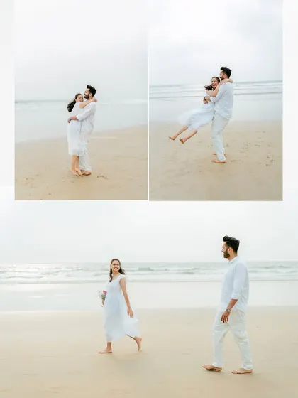 A collage of playful and romantic moments on the beach, showing the variety of poses we can capture in one session.