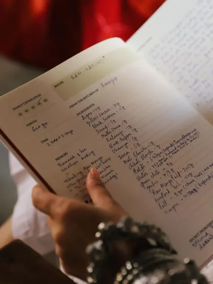 A close-up of a treasured recipe for 'Raan,' handwritten with care. Our journals are designed to capture every detail, from precise measurements to the memories associated with a dish, like a special Sunday meal. These are the details that keep a family's food story alive.